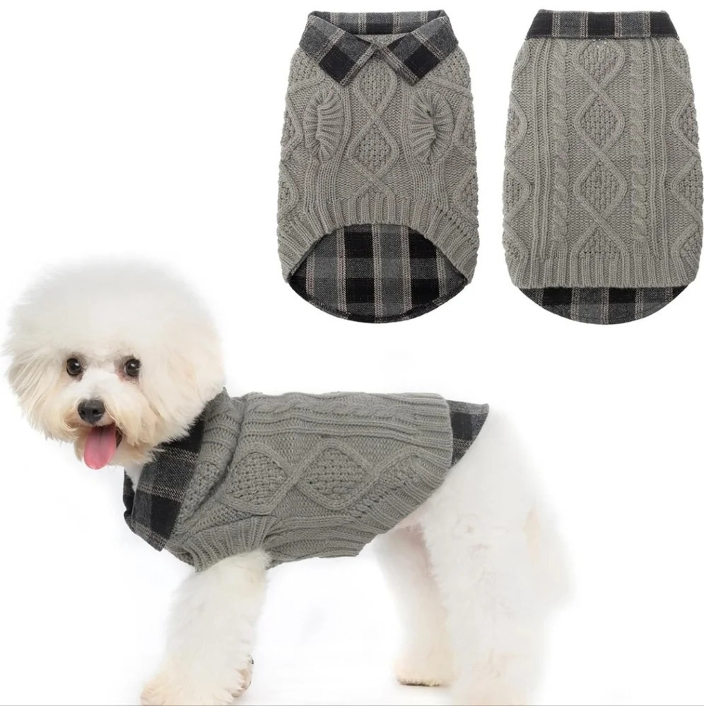 NWOT Scenereal Small Dog Plaid Cable Knitted Winter Sweater S-M